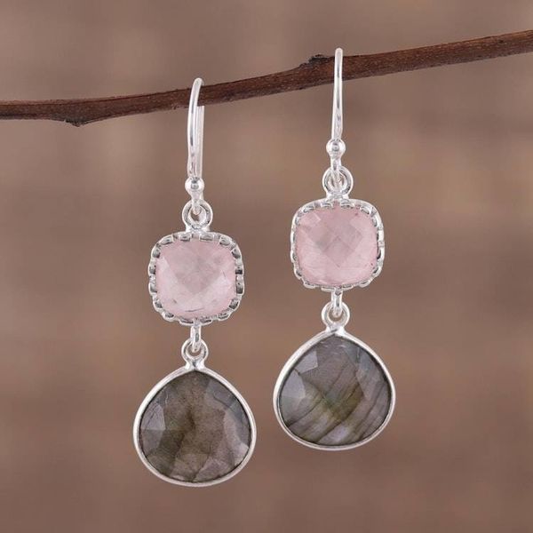 Alternate image for Labradorite and Rose Quartz Silver Dangle Earrings Rosy Dusk