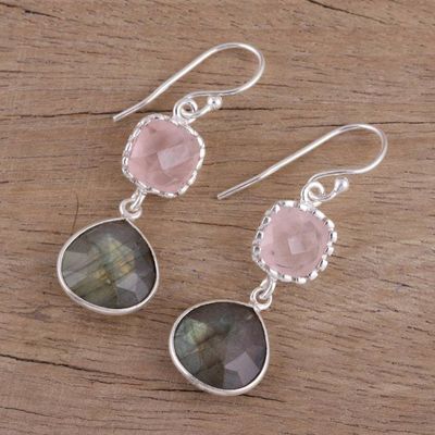Alternate image for Labradorite and Rose Quartz Silver Dangle Earrings Rosy Dusk