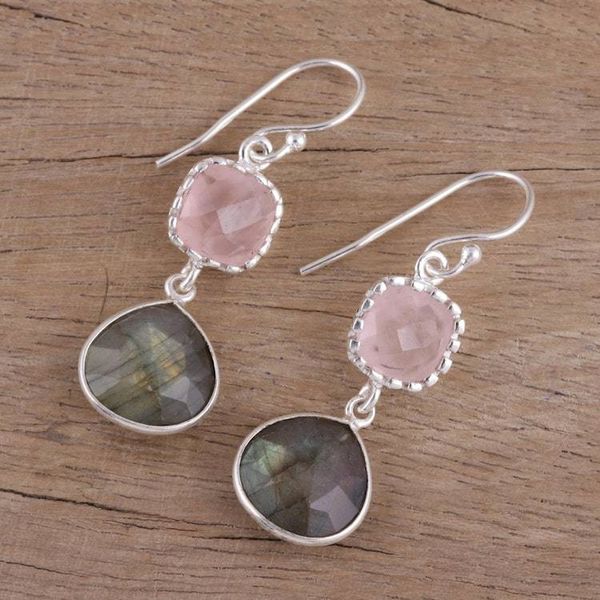 Alternate image for Labradorite and Rose Quartz Silver Dangle Earrings Rosy Dusk