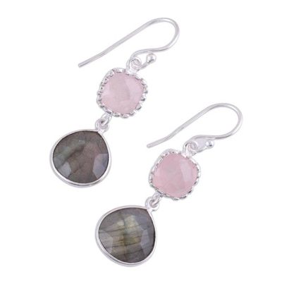 Alternate image for Labradorite and Rose Quartz Silver Dangle Earrings Rosy Dusk