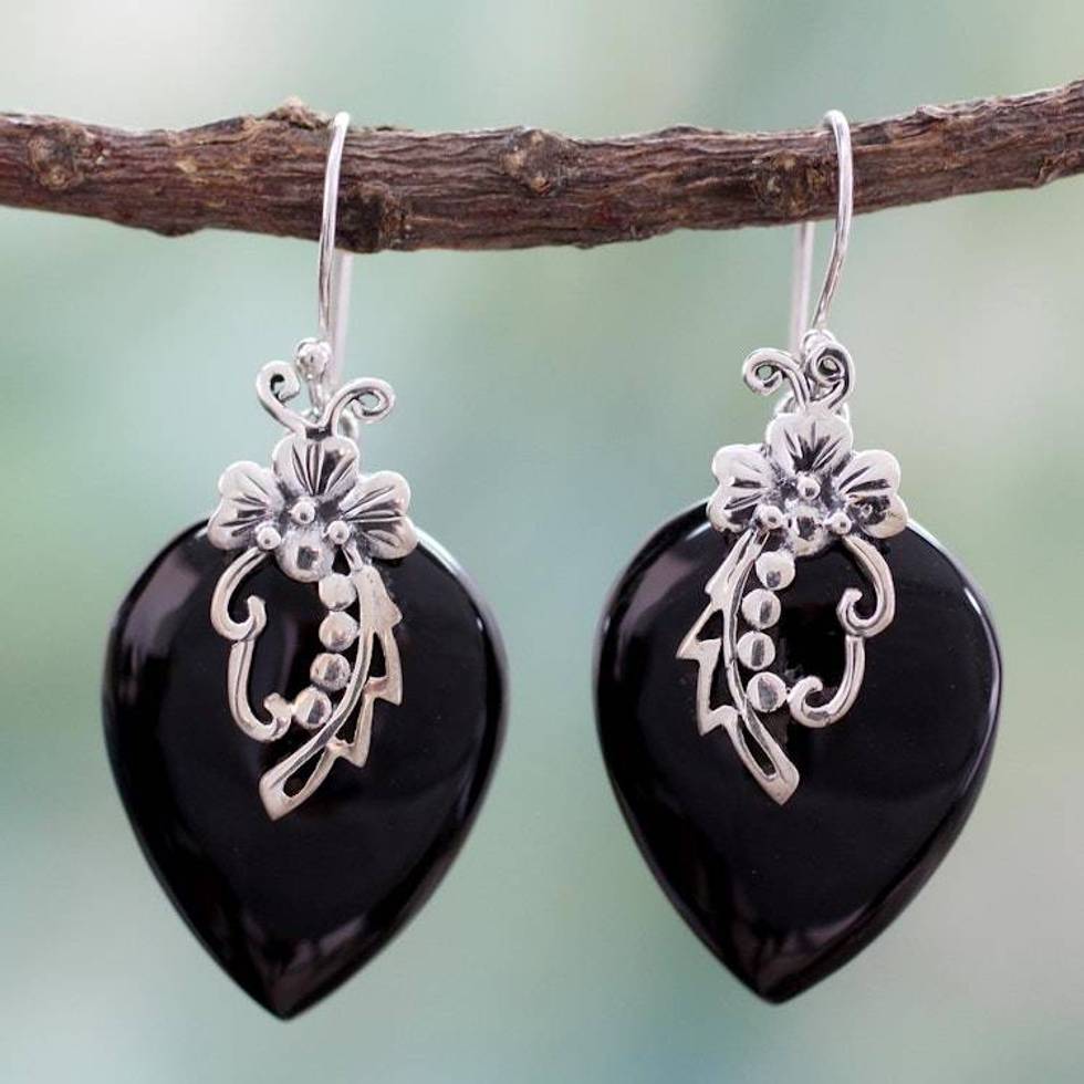 Hand Crafted Sterling Silver Onyx Floral Earrings 'Midnight Magic'