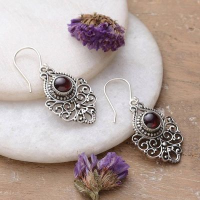 Alternate image for Ornate Sterling Silver and Garnet Dangle Earrings Shalimar Fountain