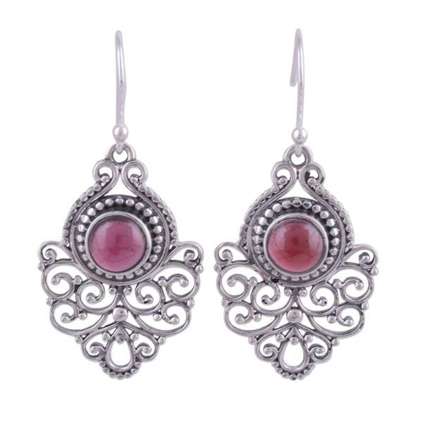 Alternate image for Ornate Sterling Silver and Garnet Dangle Earrings Shalimar Fountain