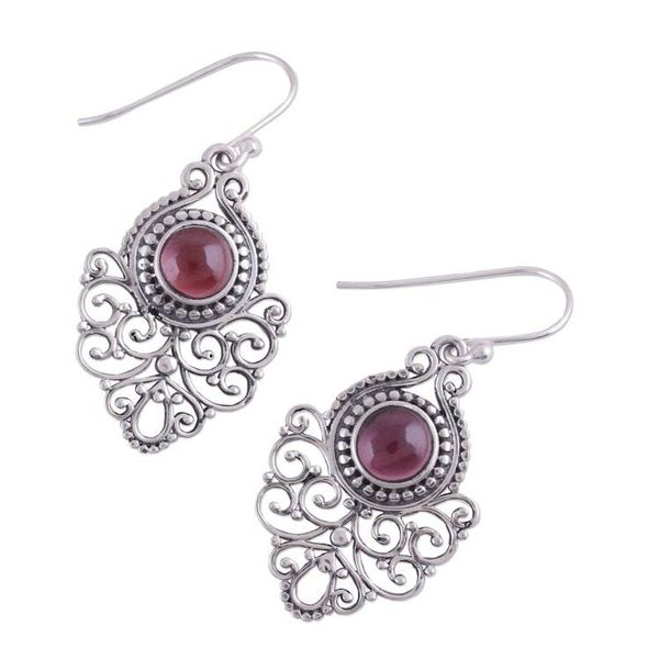 Alternate image for Ornate Sterling Silver and Garnet Dangle Earrings Shalimar Fountain