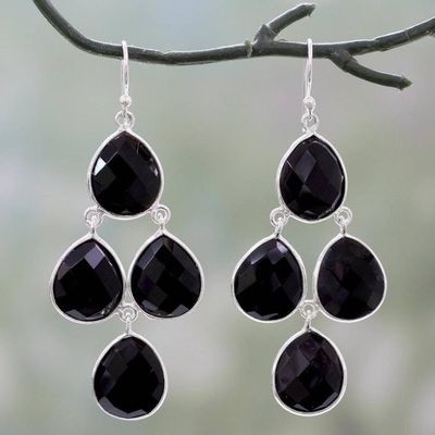 Alternate image for Indian Black Onyx and Sterling Silver Chandelier Earrings Midnight Chandelier