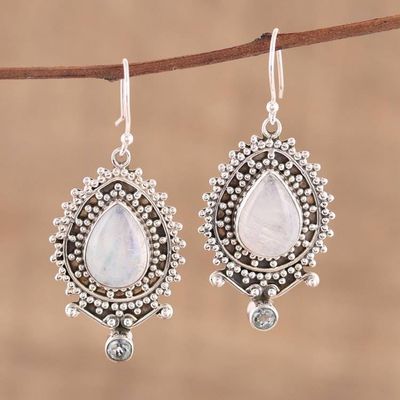 Primary image for Rainbow Moonstone and Blue Topaz Dangle Earrings Tranquil Beauty