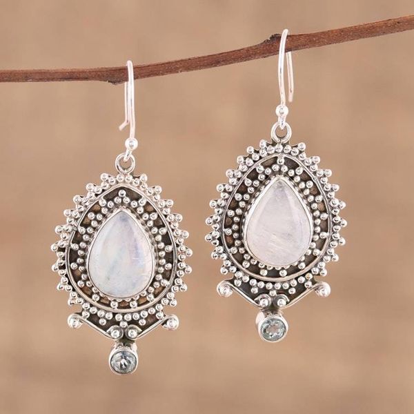 Alternate image for Rainbow Moonstone and Blue Topaz Dangle Earrings Tranquil Beauty