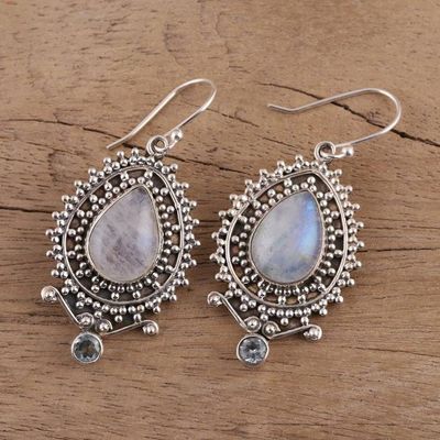 Alternate image for Rainbow Moonstone and Blue Topaz Dangle Earrings Tranquil Beauty
