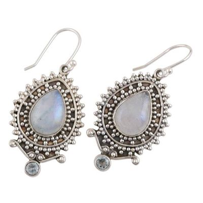 Alternate image for Rainbow Moonstone and Blue Topaz Dangle Earrings Tranquil Beauty