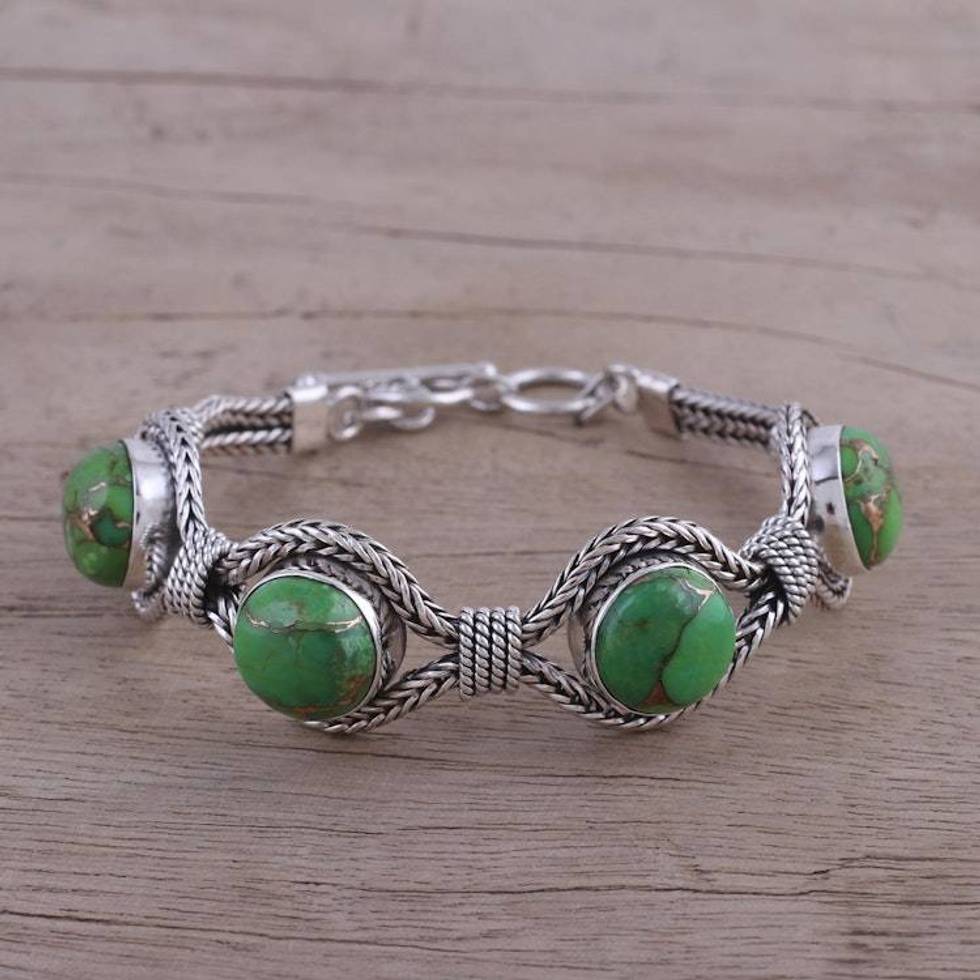 India Modern Green Composite Turquoise and Silver Bracelet 'Heavenly Greens'