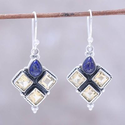 Primary image for Citrine and Lapis Lazuli Dangle Earrings Handmade in India Golden Ocean