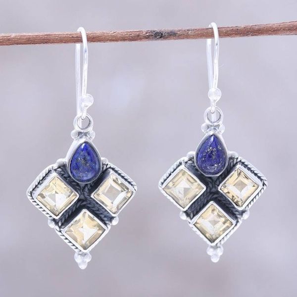 Alternate image for Citrine and Lapis Lazuli Dangle Earrings Handmade in India Golden Ocean