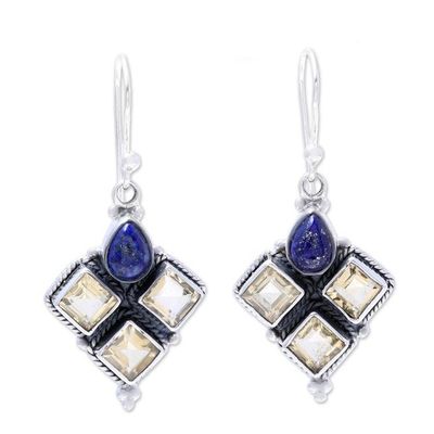 Alternate image for Citrine and Lapis Lazuli Dangle Earrings Handmade in India Golden Ocean