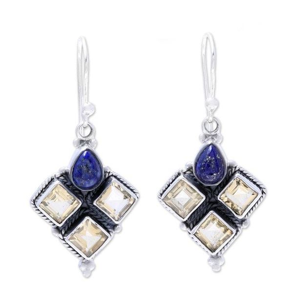 Alternate image for Citrine and Lapis Lazuli Dangle Earrings Handmade in India Golden Ocean