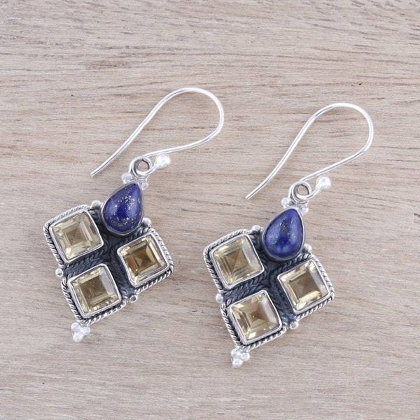 Alternate image for Citrine and Lapis Lazuli Dangle Earrings Handmade in India Golden Ocean