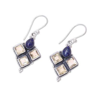 Alternate image for Citrine and Lapis Lazuli Dangle Earrings Handmade in India Golden Ocean