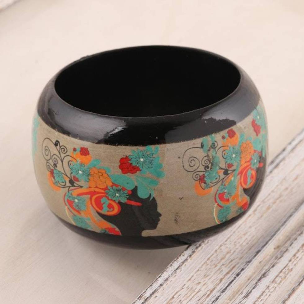 Floral Haldu Wood Bangle Bracelet Crafted in India 'Tribal Flowers'