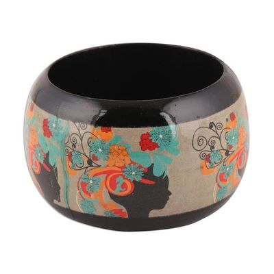 Alternate image for Floral Haldu Wood Bangle Bracelet Crafted in India Tribal Flowers