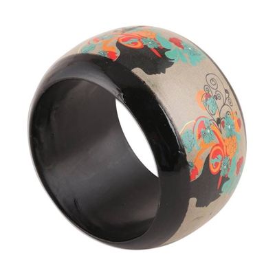 Alternate image for Floral Haldu Wood Bangle Bracelet Crafted in India Tribal Flowers