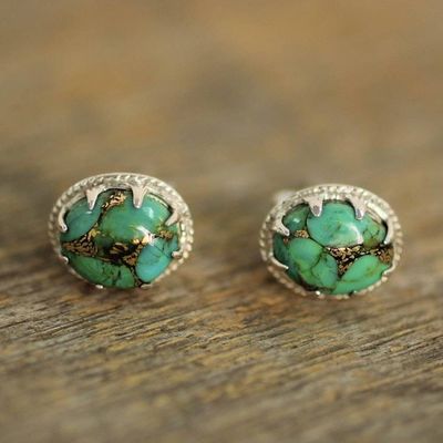 Alternate image for Green Composite Turquoise Stud Earrings in Sterling Silver Morning in Green