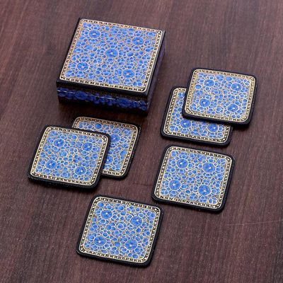 Alternate image for Set of 6 Floral Blue Wood and Papier Mache Coasters Blooming Winter