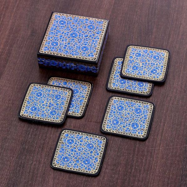 Alternate image for Set of 6 Floral Blue Wood and Papier Mache Coasters Blooming Winter