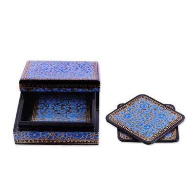 Alternate image for Set of 6 Floral Blue Wood and Papier Mache Coasters Blooming Winter