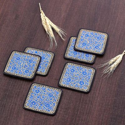 Alternate image for Set of 6 Floral Blue Wood and Papier Mache Coasters Blooming Winter