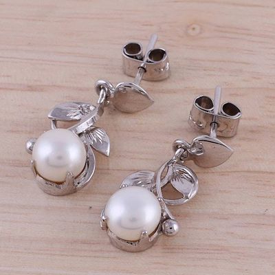 Alternate image for Rhodium Plated Cultured Pearl Dangle Earrings from India Purity Vines