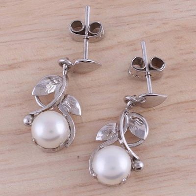 Alternate image for Rhodium Plated Cultured Pearl Dangle Earrings from India Purity Vines