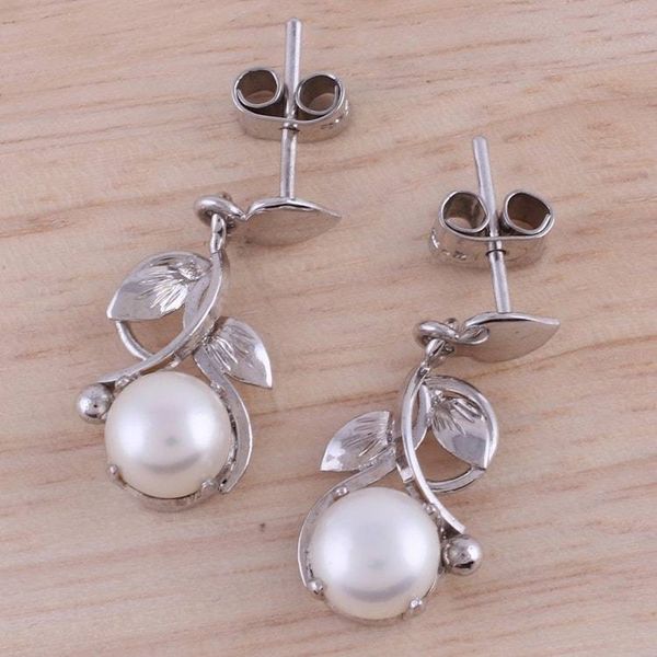 Alternate image for Rhodium Plated Cultured Pearl Dangle Earrings from India Purity Vines