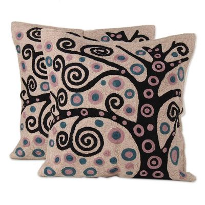 Alternate image for Black Tree Embroidered Cotton Cushion Covers Pair Cheery Tree