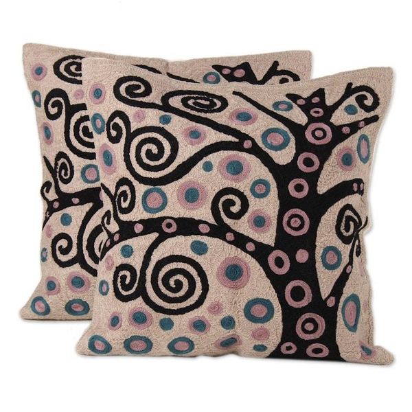 Alternate image for Black Tree Embroidered Cotton Cushion Covers Pair Cheery Tree