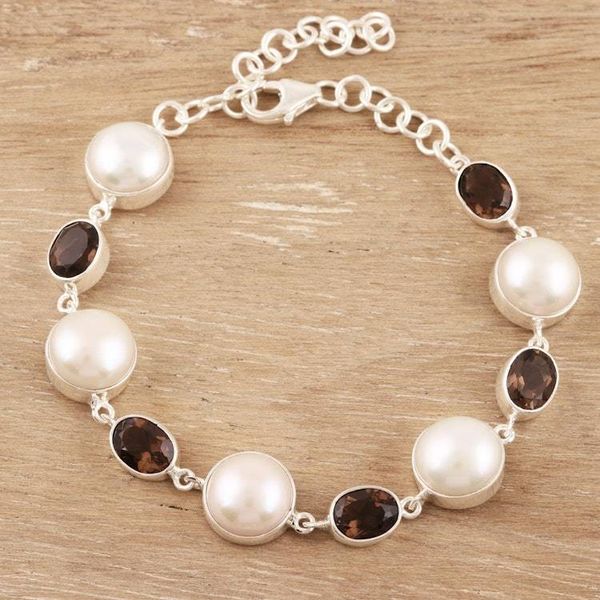 Alternate image for Cultured Pearl and Smoky Quartz Link Bracelet from India Evening Glory