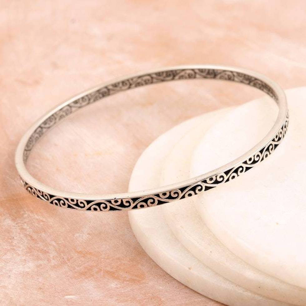 Leafy Sterling Silver Bangle Bracelet Crafted in India 'Vines from Noida'