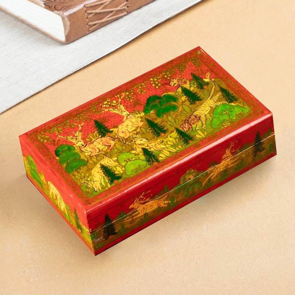 Hand-Painted Red Wood Papier Mache Decorative Box 'Landscape in Red'