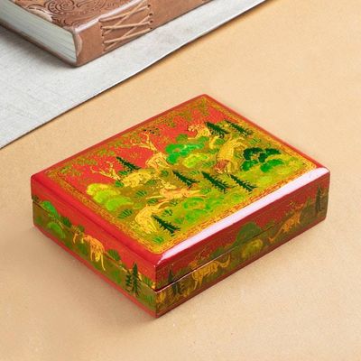Alternate image for Jungle-Themed Hand-Painted Wood Papier Mache Decorative Box Landscape in Crimson