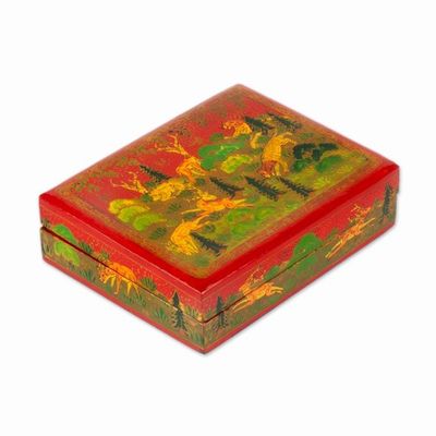 Alternate image for Jungle-Themed Hand-Painted Wood Papier Mache Decorative Box Landscape in Crimson