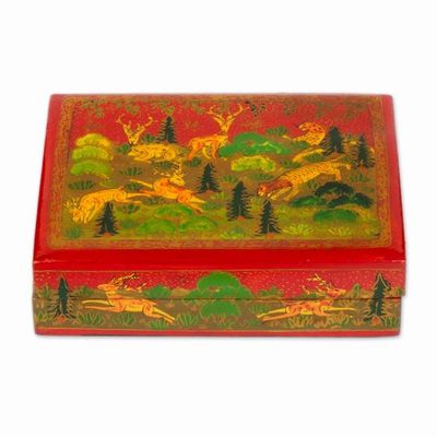 Alternate image for Jungle-Themed Hand-Painted Wood Papier Mache Decorative Box Landscape in Crimson