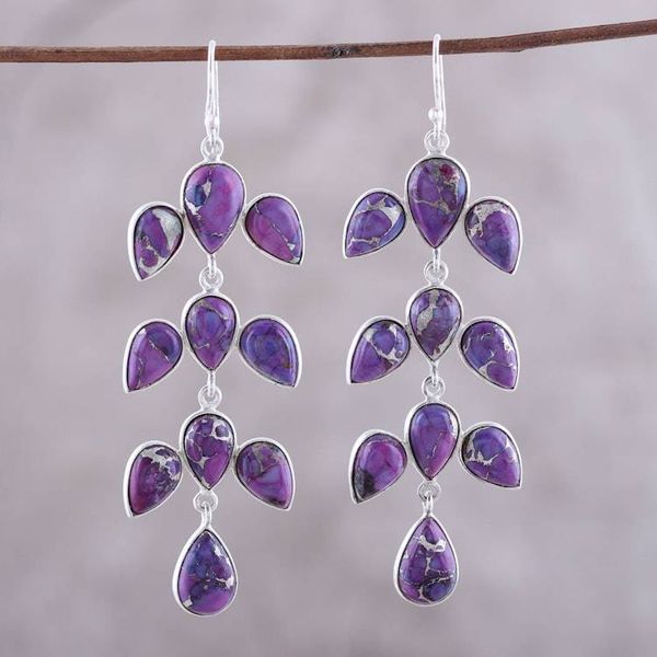 Alternate image for Sterling Silver Purple Composite Turquoise Dangle Earrings Leaf Cascade
