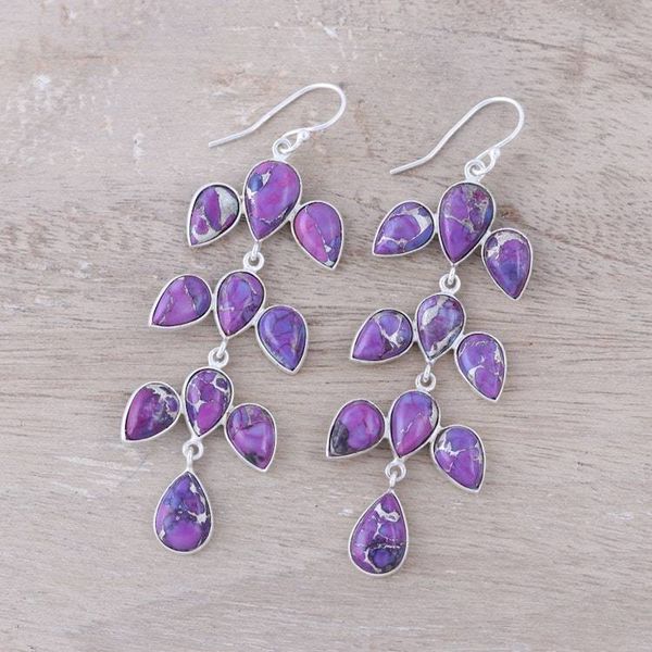 Alternate image for Sterling Silver Purple Composite Turquoise Dangle Earrings Leaf Cascade