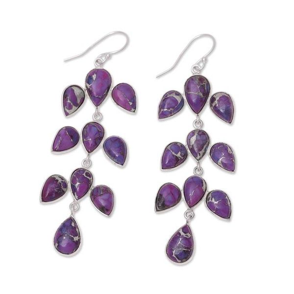 Alternate image for Sterling Silver Purple Composite Turquoise Dangle Earrings Leaf Cascade