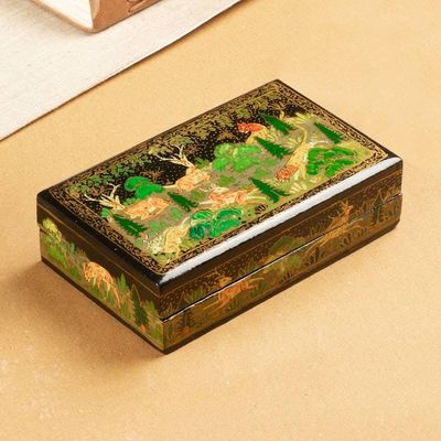 Alternate image for Painted Wood Papier Mache Decorative Box with Jungle Motif Landscape in Onyx