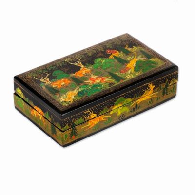 Alternate image for Painted Wood Papier Mache Decorative Box with Jungle Motif Landscape in Onyx