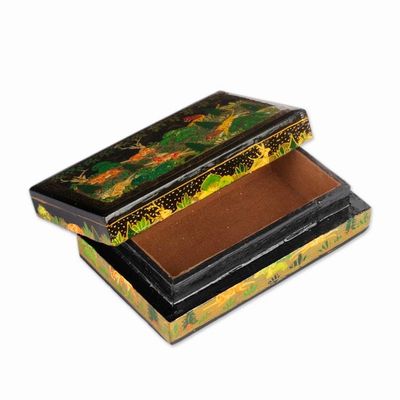 Alternate image for Painted Wood Papier Mache Decorative Box with Jungle Motif Landscape in Onyx