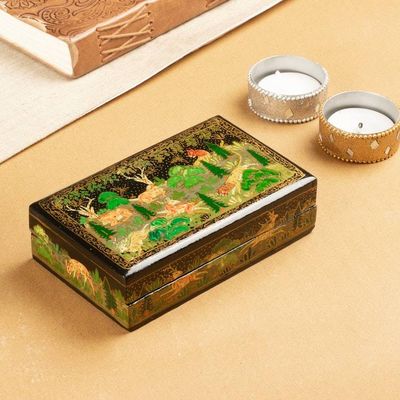 Alternate image for Painted Wood Papier Mache Decorative Box with Jungle Motif Landscape in Onyx