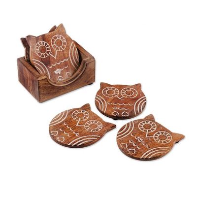 Alternate image for Owl-Themed 7-Piece Carved Mango Wood Coaster and Box Set Owl Drinks