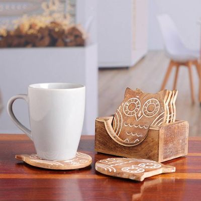 Alternate image for Owl-Themed 7-Piece Carved Mango Wood Coaster and Box Set Owl Drinks