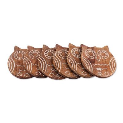 Alternate image for Owl-Themed 7-Piece Carved Mango Wood Coaster and Box Set Owl Drinks
