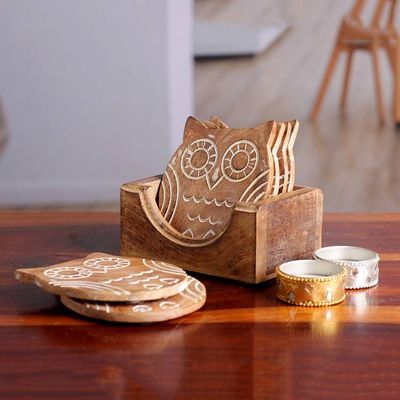 Alternate image for Owl-Themed 7-Piece Carved Mango Wood Coaster and Box Set Owl Drinks